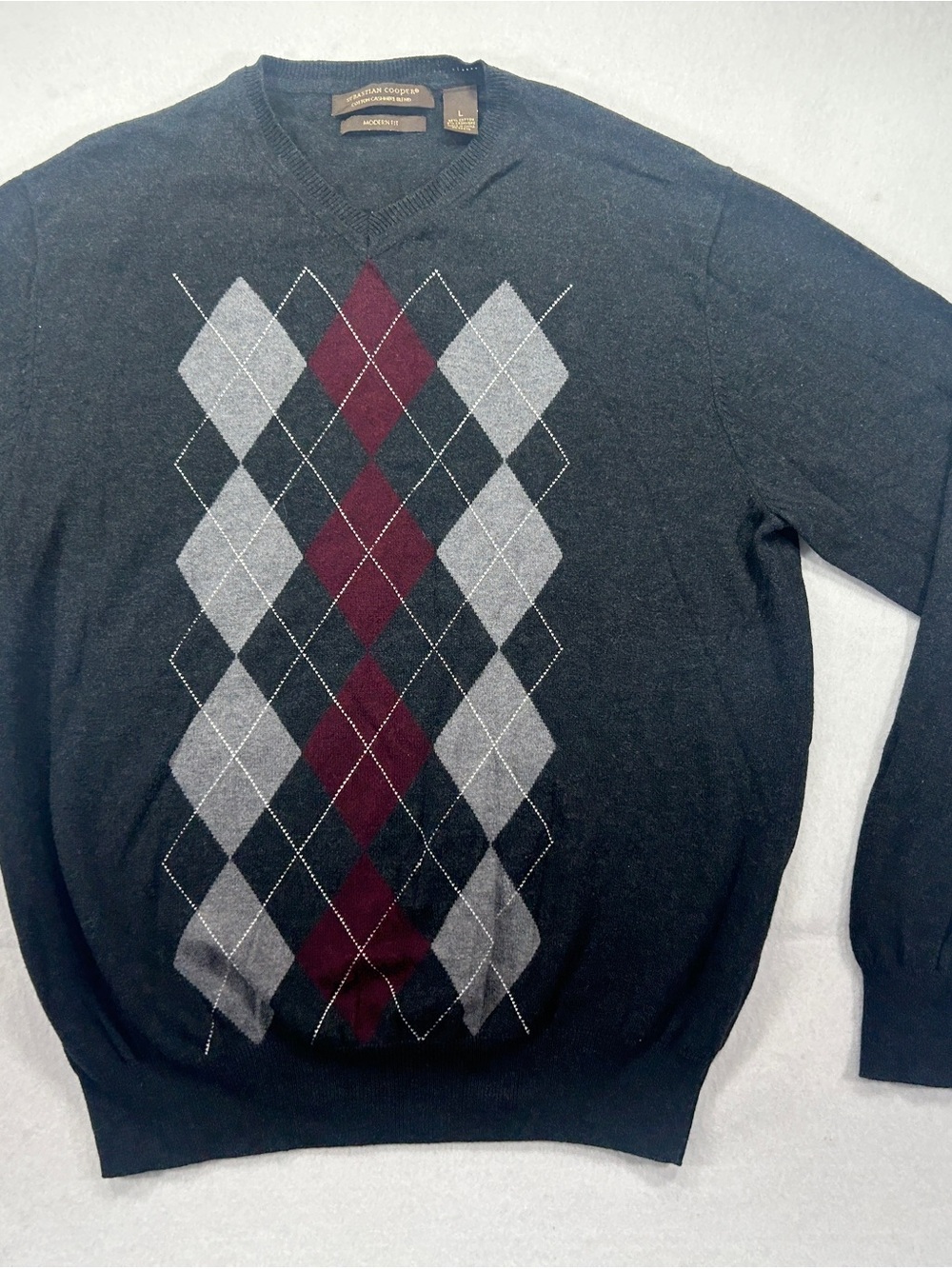 Sebastian Cooper Mens L Cotton Cashmere Blend Argyle V-Neck Sweater Gray